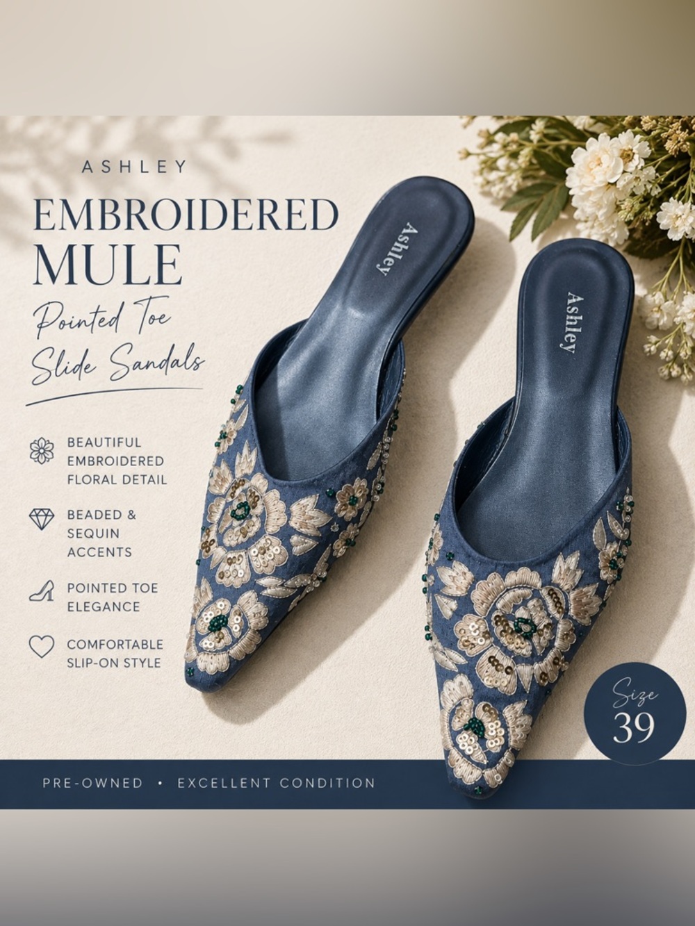 blue Embroidered Pointed-Toe Mule Slides, sandals, slip ons